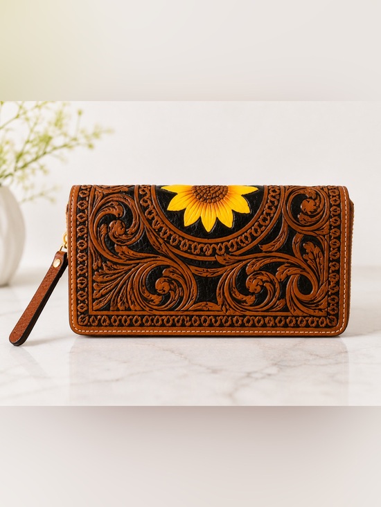 Shyanne Handbags - Shyanne Tooled Leather Sunflower Zip Around Wallet Brown Western Floral